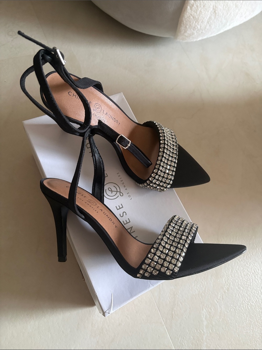 BRAND NEW! Chinese Laundry Black Pointed-Toe Ankle-Strap Heels with Crystal Band